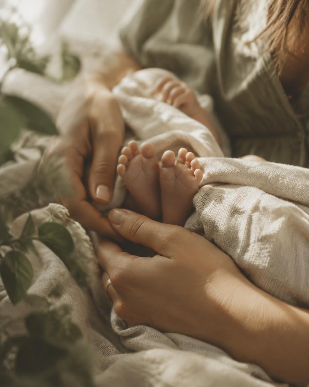 A mother's hands cradling her baby's tiny feet